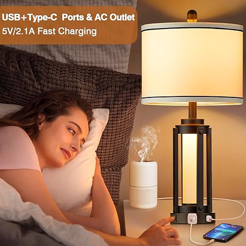 Miniatura 4 de 25" Modern Table Lamps Set of 2, Industrial Beside Lamps with USB A+C Charging Ports & AC Outlet, Nightstand Lamp with Glass Night Light for Living