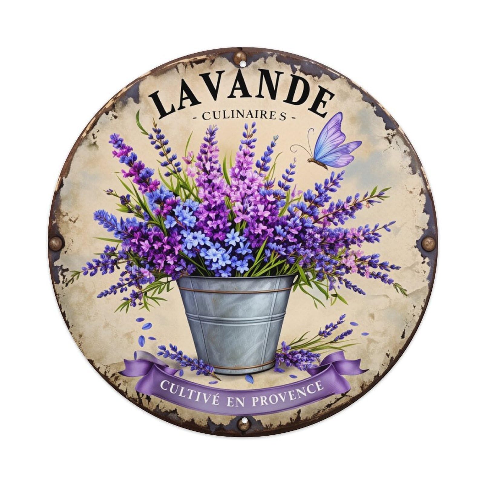 Lavender Bucket Butterfly Ribbon Provence Round Tin Sign Vintage Metal Poster, Home Bar Garage Man Cave Cafe Indoor & Outdoor Wall Decoration 8x8Inches