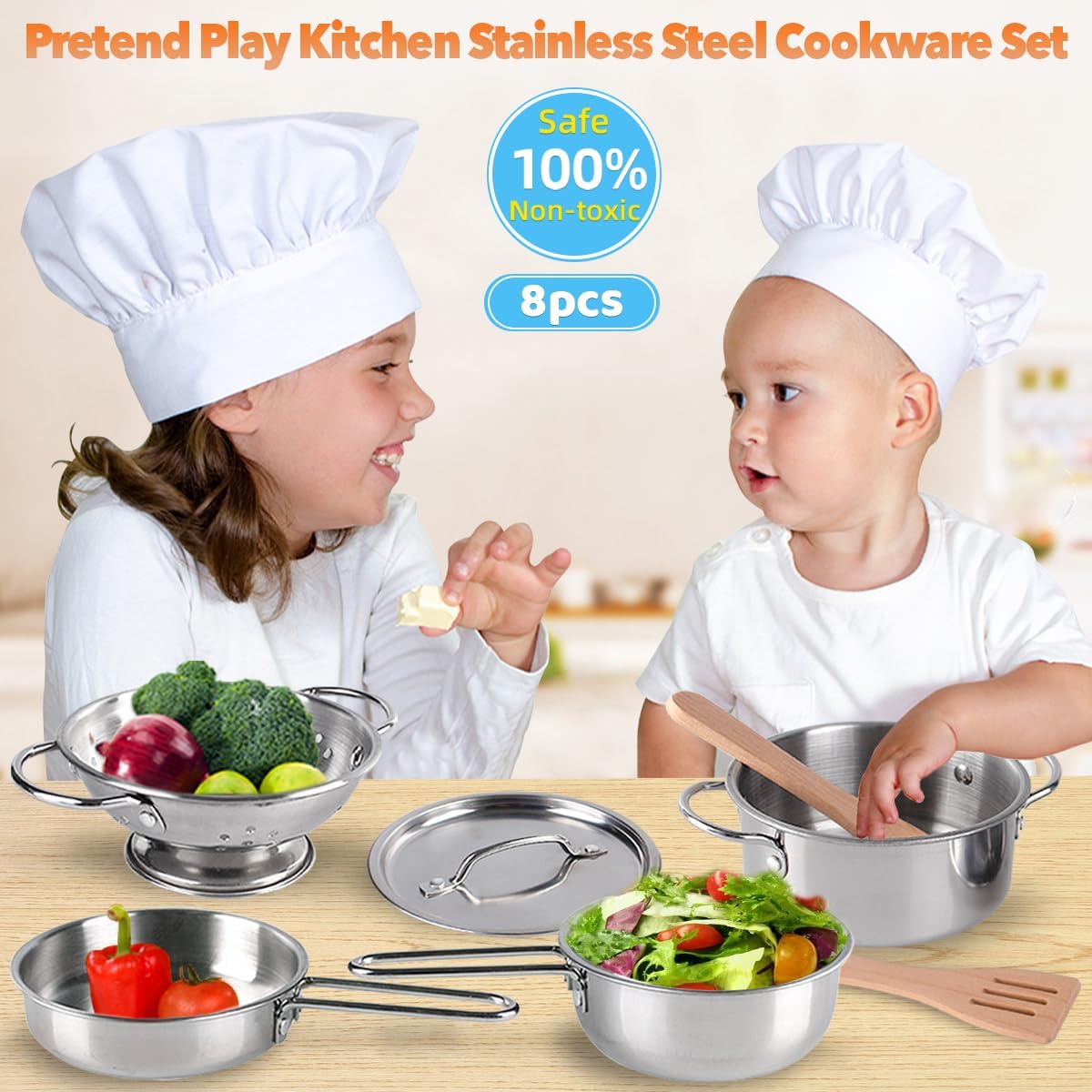 8 PCS Stainless Steel Play Pots and Pans Toys for Kids-Kitchen Playset Pretend Game Toys Cookware Cooking Utensils,Children Kitchen Accessories Set,Great Learning Gifts for Toddler & Boys Girls - Image 2