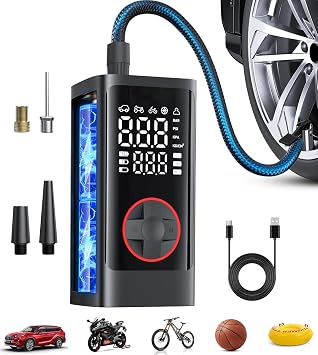 Tire Inflator Portable Air Compressor, Cordless Air Pump with Pressure Gauge, Auto Shut Off, LED Light for Car Motorcycle Bicycle Ball