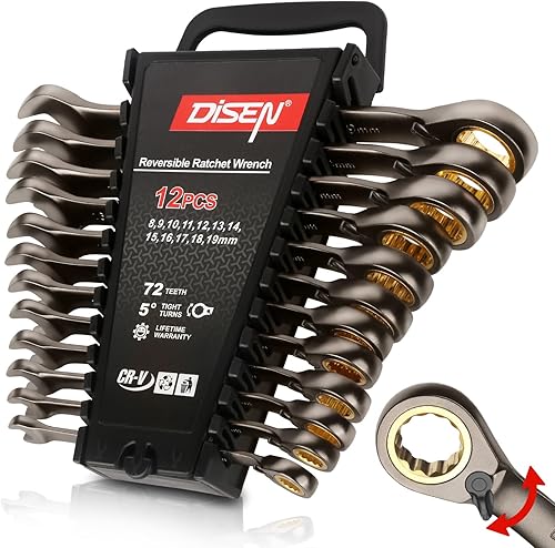 Miniatura 8 de DISEN Juego de 13 llaves de trinquete de 90 dientes, juego de llaves de trinquete métricas de cabeza fija 6, 8, 9, 10, 11, 12, 13, 14, 15, 16, 17