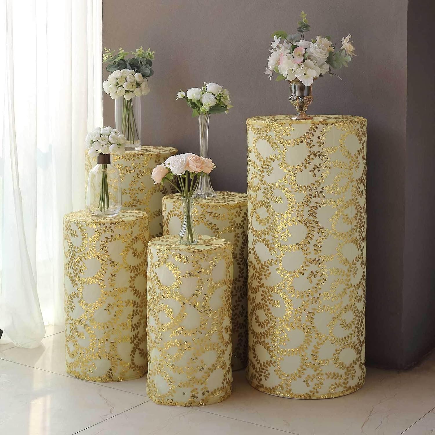 Efavormart Set of 5 Gold Sequin Mesh Cylinder Display Box Stand Covers with Leaf Vine Embroidery, Sparkly Sheer Tulle Pedestal Pillar Prop Covers