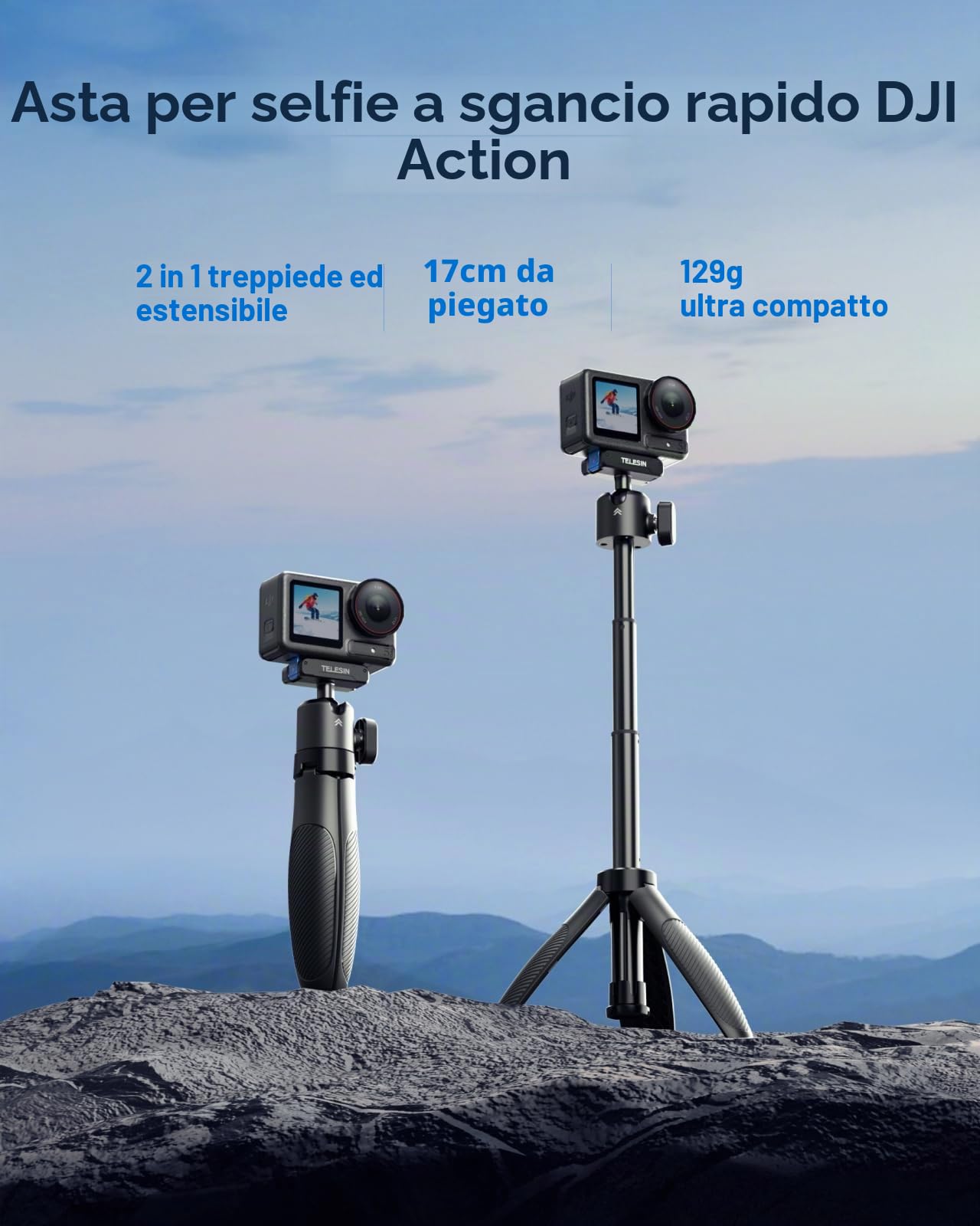 TELESIN 40cm Mini Selfie Treppiede, Selfie Treppiede con Magnetica Sgancio Rapido, Portatile Monopiedino Impugnatura per Vlog, Palo Estendibile Regolabile 360° per DJI Osmo Action 5 Pro/4/3