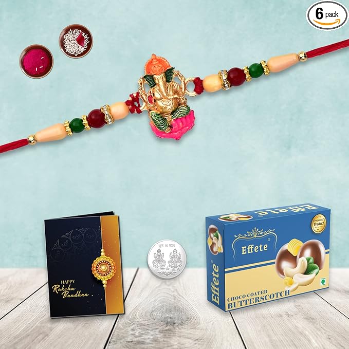 DeoDap Multicolor Ganesh Rakhi / Bracelet | Effete Chocolate Butter Scotch 32gm | Silver Color Pooja Coin | Roli Chawal | Greeting Card | Occasion | Rakhi & Chocolate for brother | Rakhi with chocolate | rakhi with gift | Rakhi Combo | Rakhi Chocolate Gift combo | Set of 1 Rakhi | K1_268_BS32 | at Rs. 99