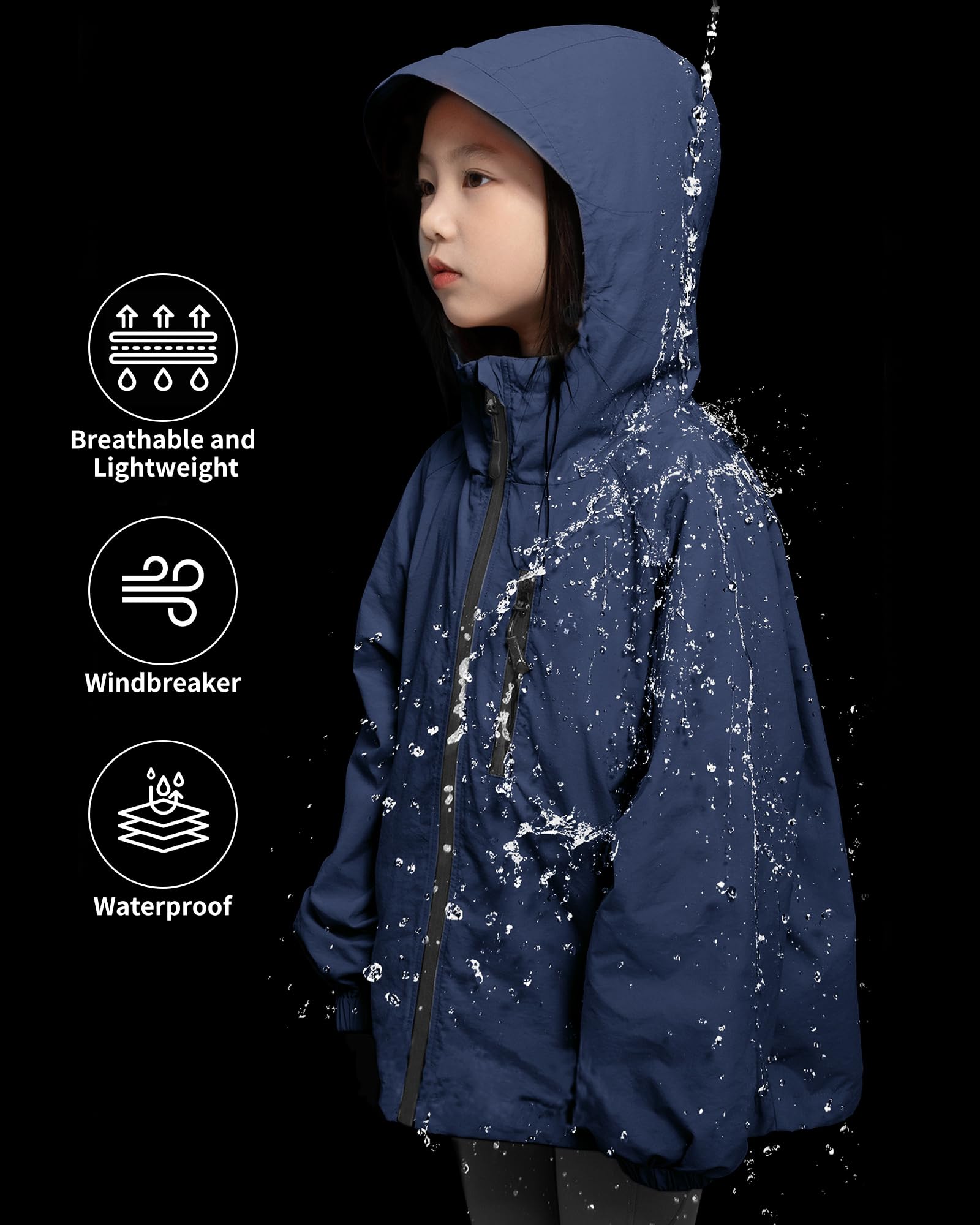 Rolanko Veste Imperméable à Capuche pour Filles, Manteau de Pluie Léger Coupe-vent Vêtements de Pluie pour Garçons de 7 à 14 Ans
