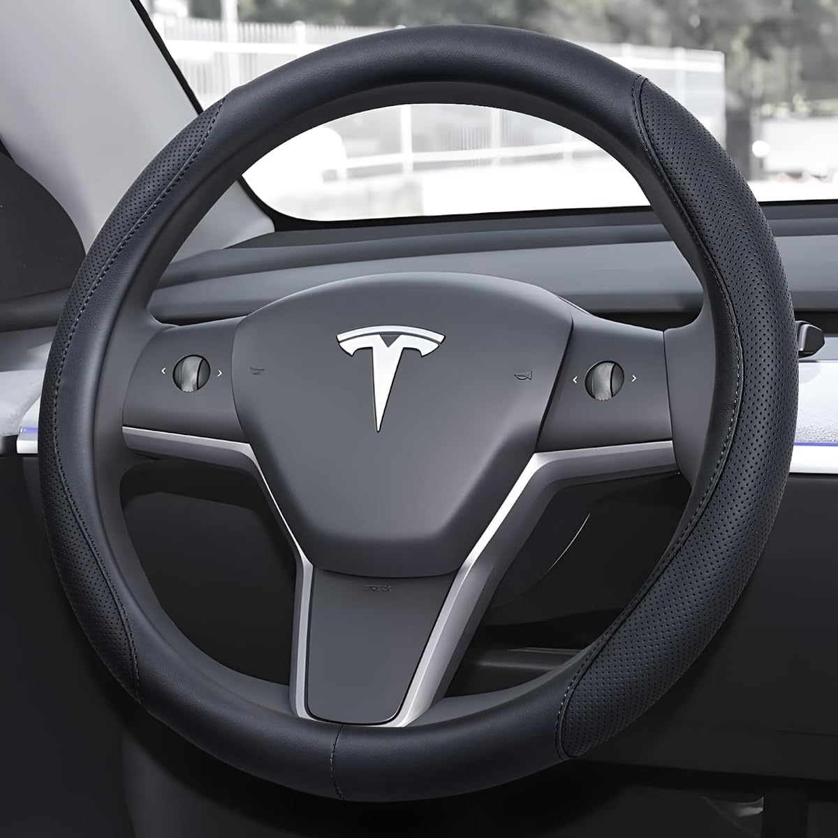 Ouzorp Nappa Leather Steering Wheel Cover for Tesla Model 3 2016-2025 Highland and Model Y 2020-2026 Juniper with Anti-Slip & Breathable Surface-Black