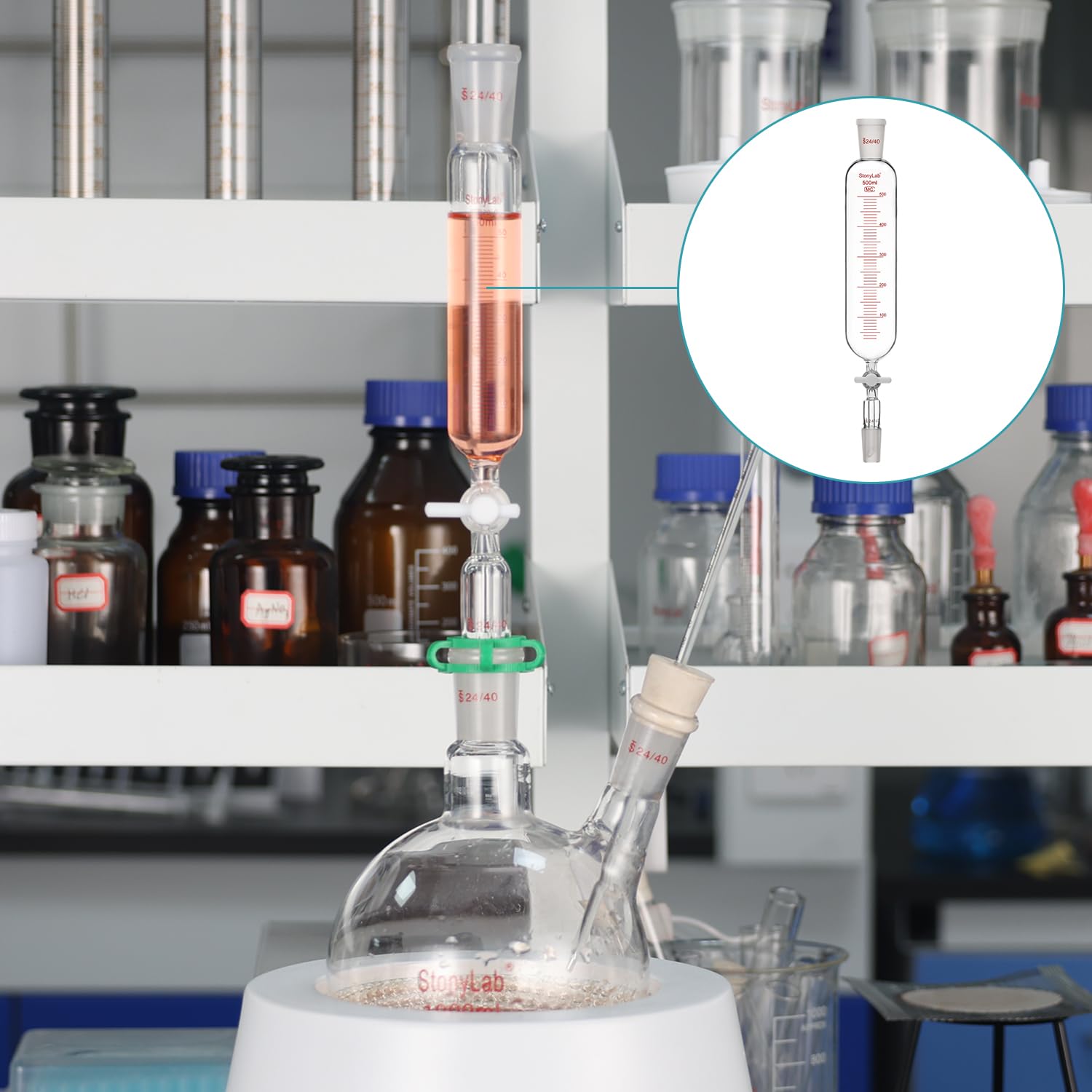 stonylab Embudo de adición, Embudo de Goteo Graduado de Vidrio de Borosilicato Junta 24/40 con Llave de Paso de PTFE para Laboratorio Embudo Adicional, 500 ml