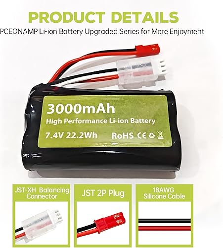 Miniatura 5 de Fytoo Batería de iones de litio de 7.4 V 3000 mAh 15C 2S con enchufe JST-2P con cargador 2 en 1 para UDIRC UD1601 UD1602 SG1603 RC Car 110, 112, 116