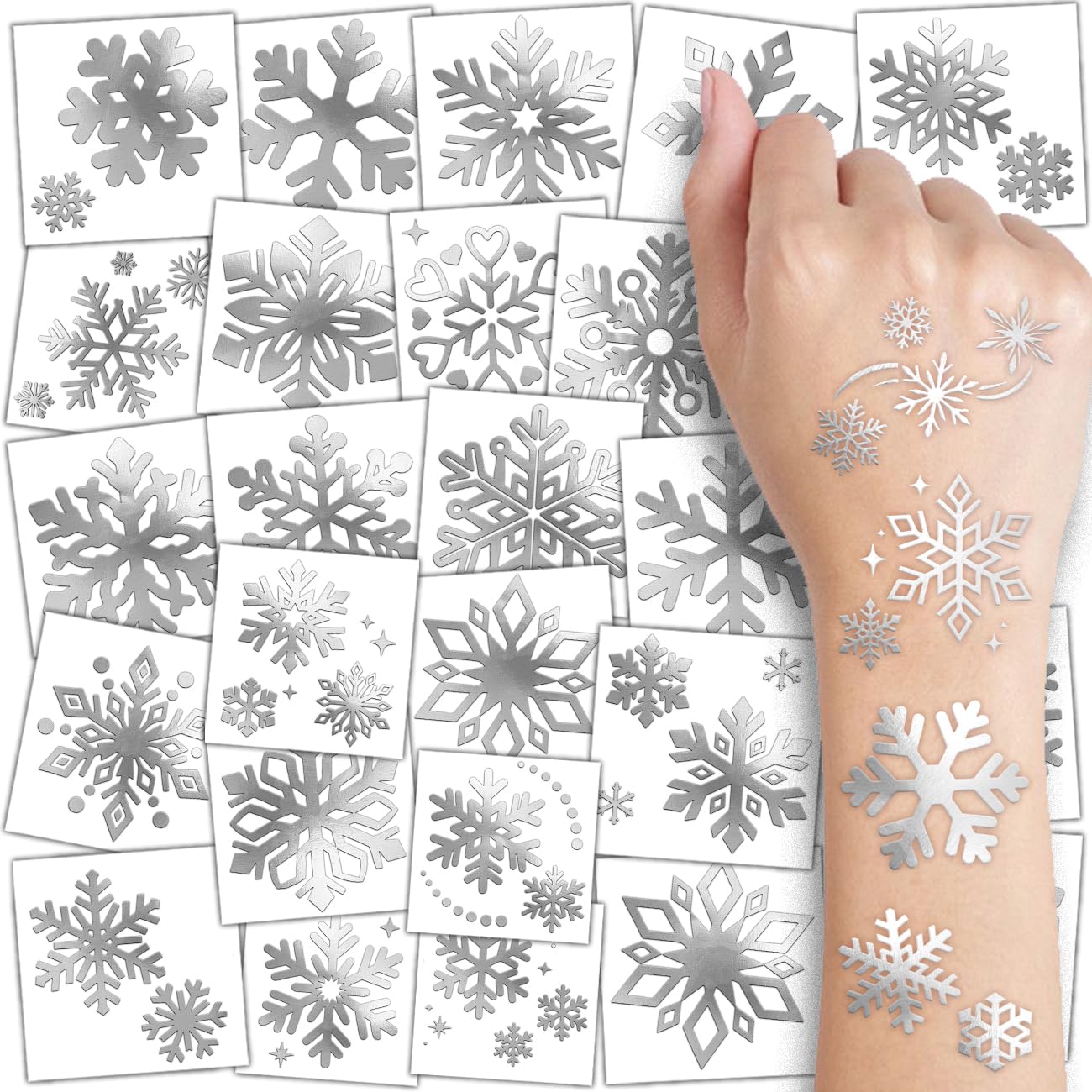 CHARLENT Glitter Silver Snowflake Temporary Tattoos 140 Individual Sheets