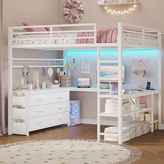 ADORNEVE Full Size Loft Bed with U-Shaped Desk, 6 Drawers, RGB LED Lights & Charging Station - Space-Saving White Metal Frame