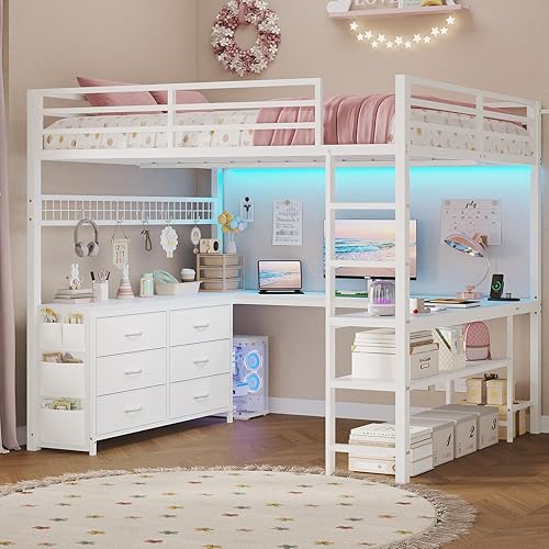 ADORNEVE Loft Bed Full Size with U-Shaped Desk, 6 Storage