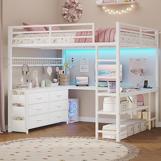 ADORNEVE Loft Bed Full Size with U-Shaped Desk, 6 Storage Drawers, Power Outlet, LED Metal Loft Bed with 2 Storage Shelves, Bed with Safety Guardrail & Ladders,Space-Saving,White