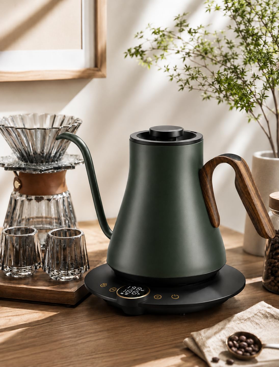 Cocinare FLOW B9 Bollitore elettrico a collo d'oca, controllo preciso della temperatura per versare caffè e tè, interno in acciaio inossidabile, riscaldamento rapido per acqua bollente, 0,9 l, verde
