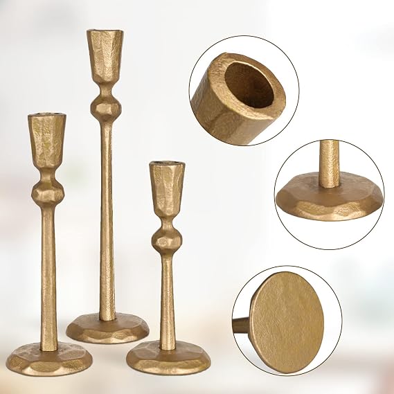 Antique Brass Iron Taper Candle Holder - Set of 3 Decorative Candle Stand