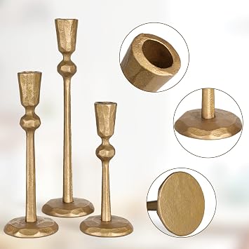 Antique Brass Iron Taper Candle Holder - Set of 3 Decorative Candle Stand