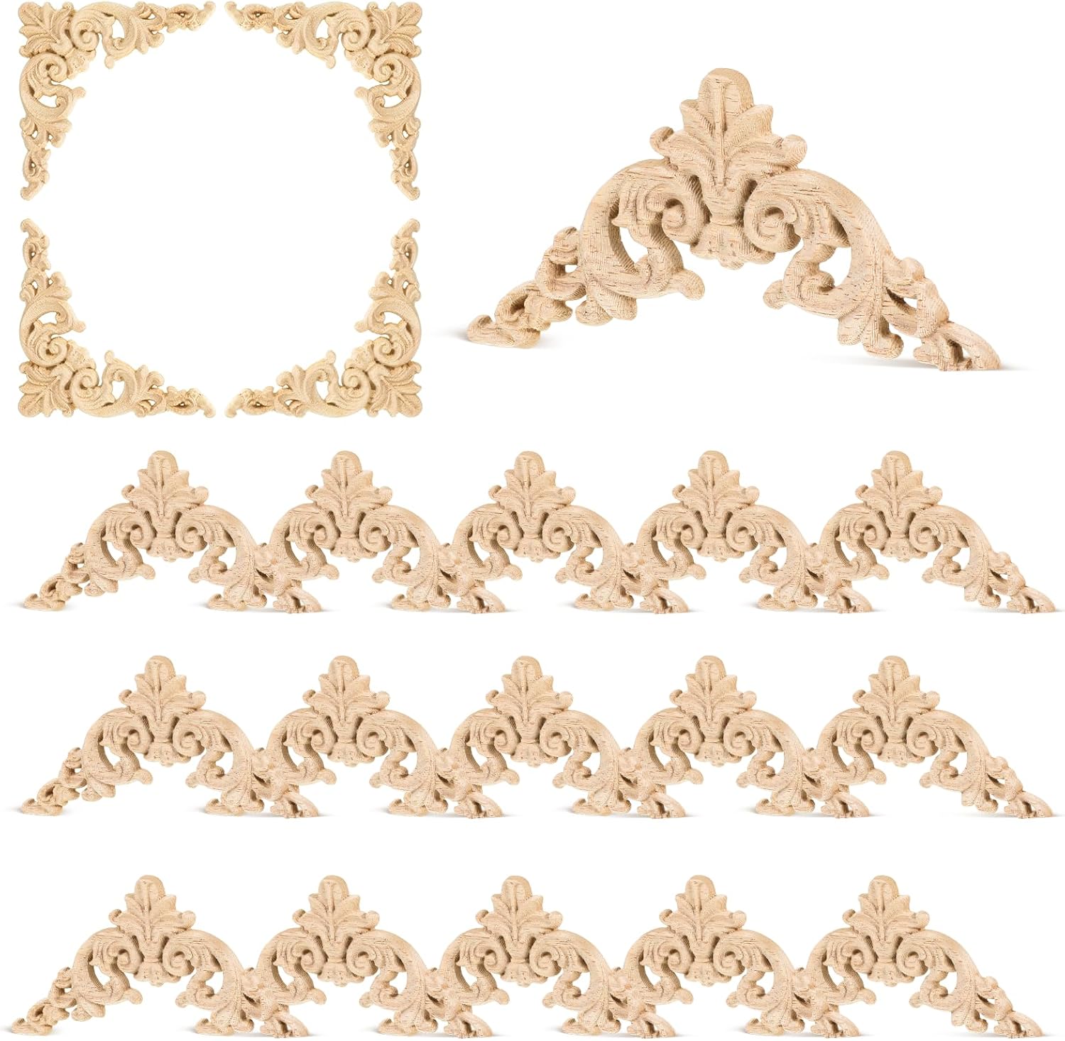 Aiminjey 20-Pack Decorative Wood Carved Corner Appliques – 3.1" Unfinished Solid Rubberwood Onlay For Furniture, Cabinets, Mirrors & DIY Projects (Cloud Pattern)