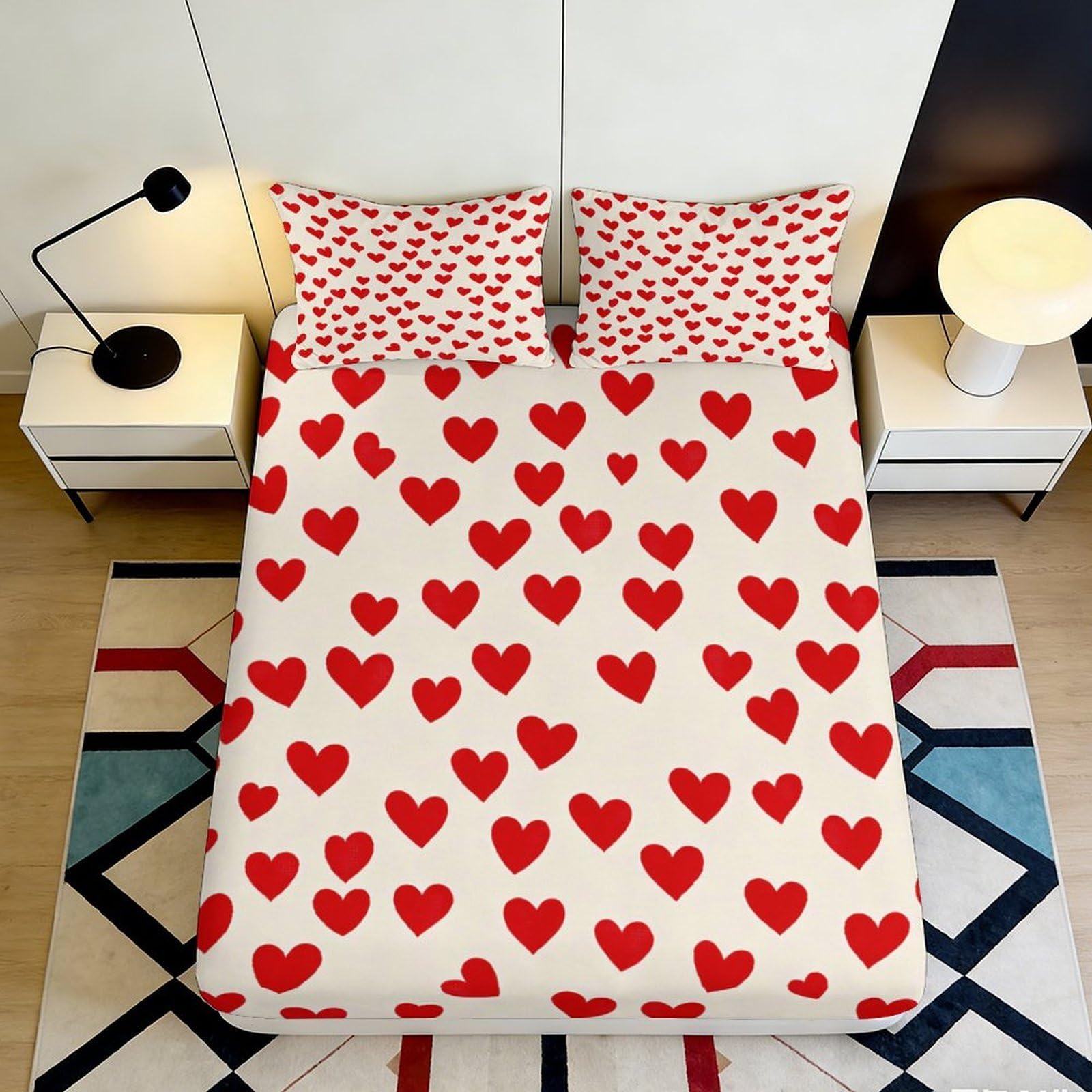 3D Printed Red Heart Pattern Fitted Sheet Microfiber Soft Breathable Romantic Design Mattress Cover for Bedroom Dormitory Guest Room Protective Bed Cover 180x200x25cm