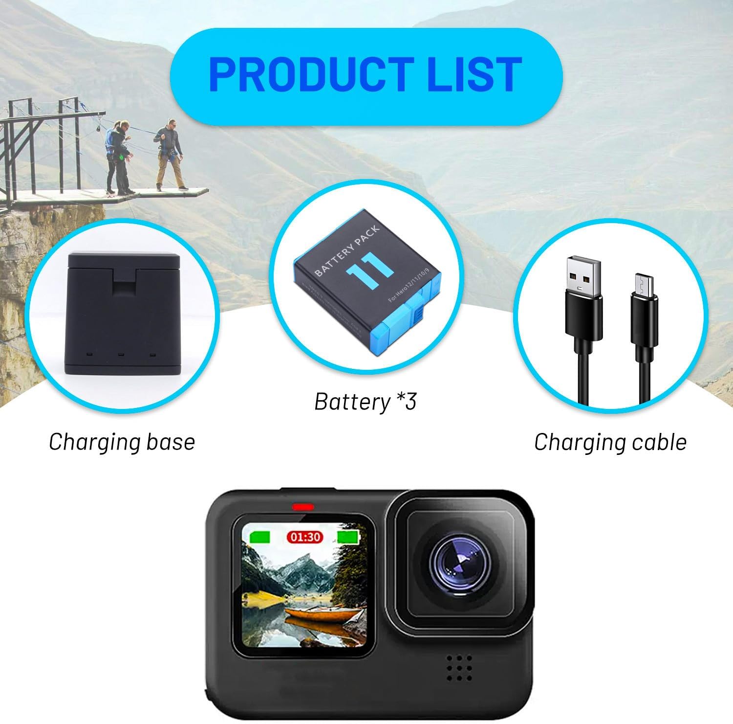 2-Pack Hero 11 Battery for Hero 11, Hero 10, Hero 9 Black Sport Action Camera with 3 Channel Battery Charging Station Power Fast Portable Accessory High Capacity