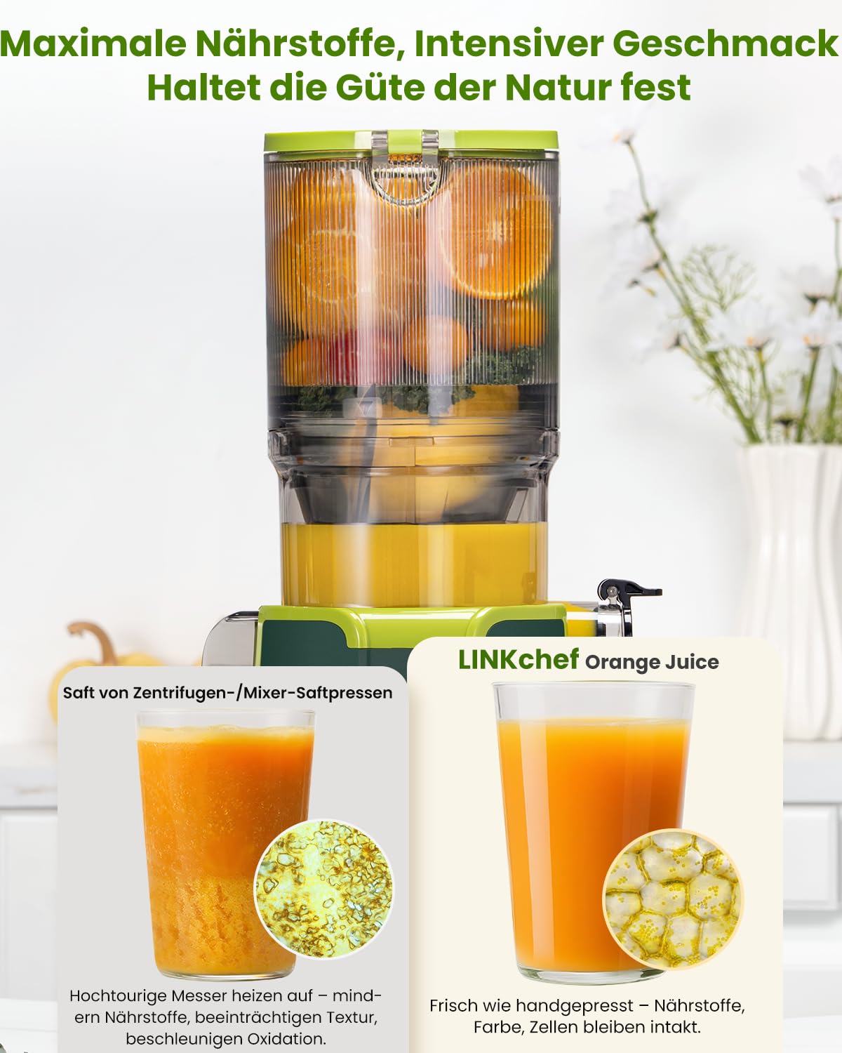 LINKChef Entsafter Slow Juicer, 115 mm Große Einfüllöffnung für Entsafter Gemüse und Obst Testsieger, Kaltentsafter 200W, BPA-frei, Einfach zu Reinigen und Montieren, Grün