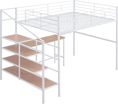 Miniatura 26 de Favfurish Litera de metal individual XL sobre Queen con escaleras inclinadas y barandillas de seguridad para dormitorio, habitaciones de invitados,
