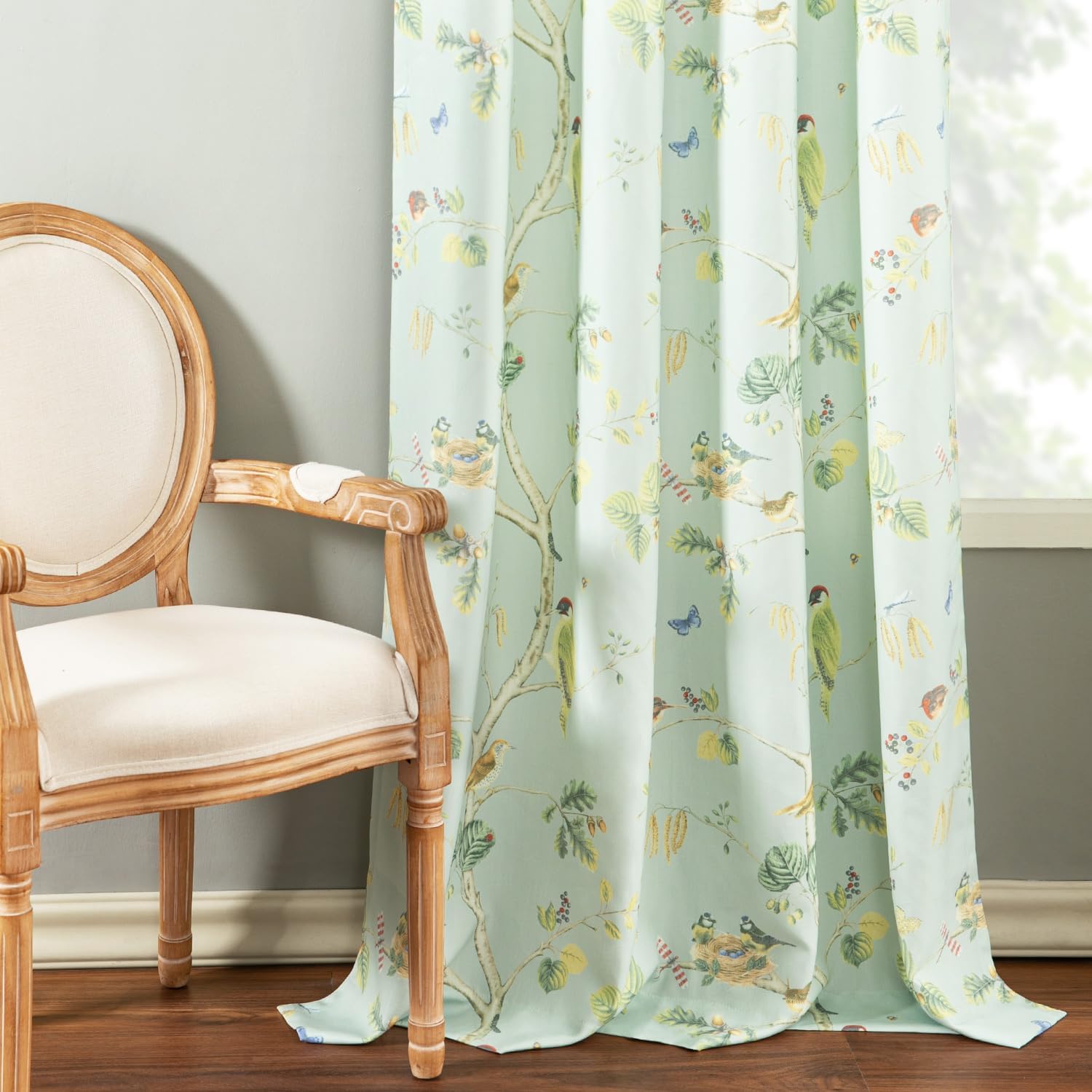 Leeva Blue Tones Window Curtain Panels for Living Room, Farmhouse Bird & Flower Print Decorative Prevent Glare Drapes 84 Inch Length, Rod Pocket Linen Curtains, One Piece, 52" x 84"