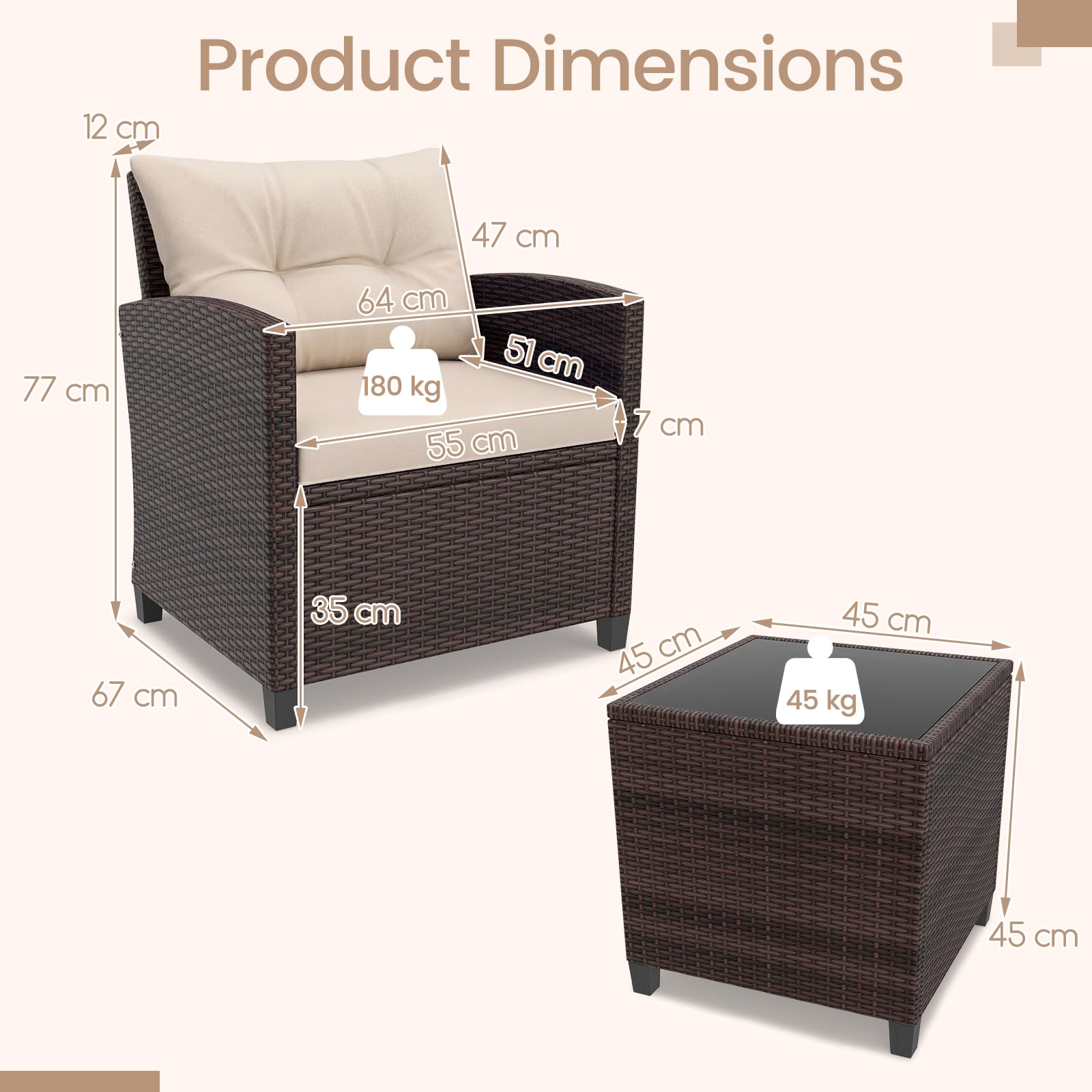 GIANTEX Salon de Jardin 2 Personnes en Rotin, Mobilier Jardin avec 2 Fauteuils, Coussins Amovibles, Table Basse Plateau en Verre Trempé, pour Balcon, Cour, Marron + Blanc