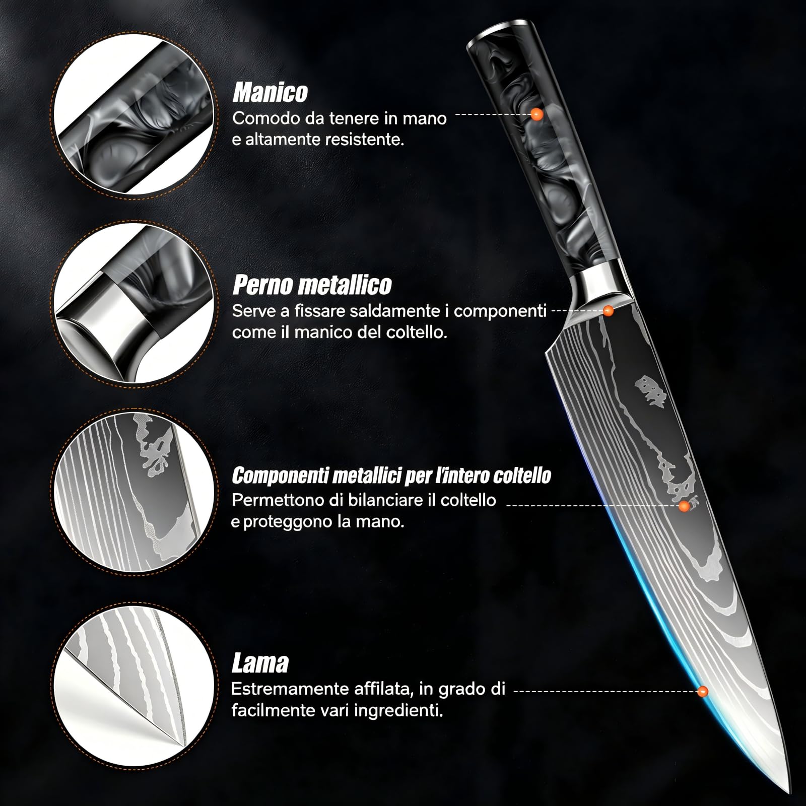 Set Coltelli da Cucina, 10pz, con Coltelli da disosso, Coltelli per frutta e Coltelli da Chef, Manico in resina, Acciaio Inossidabile, Damasco, set coltelli da cucina professionali(Nero)