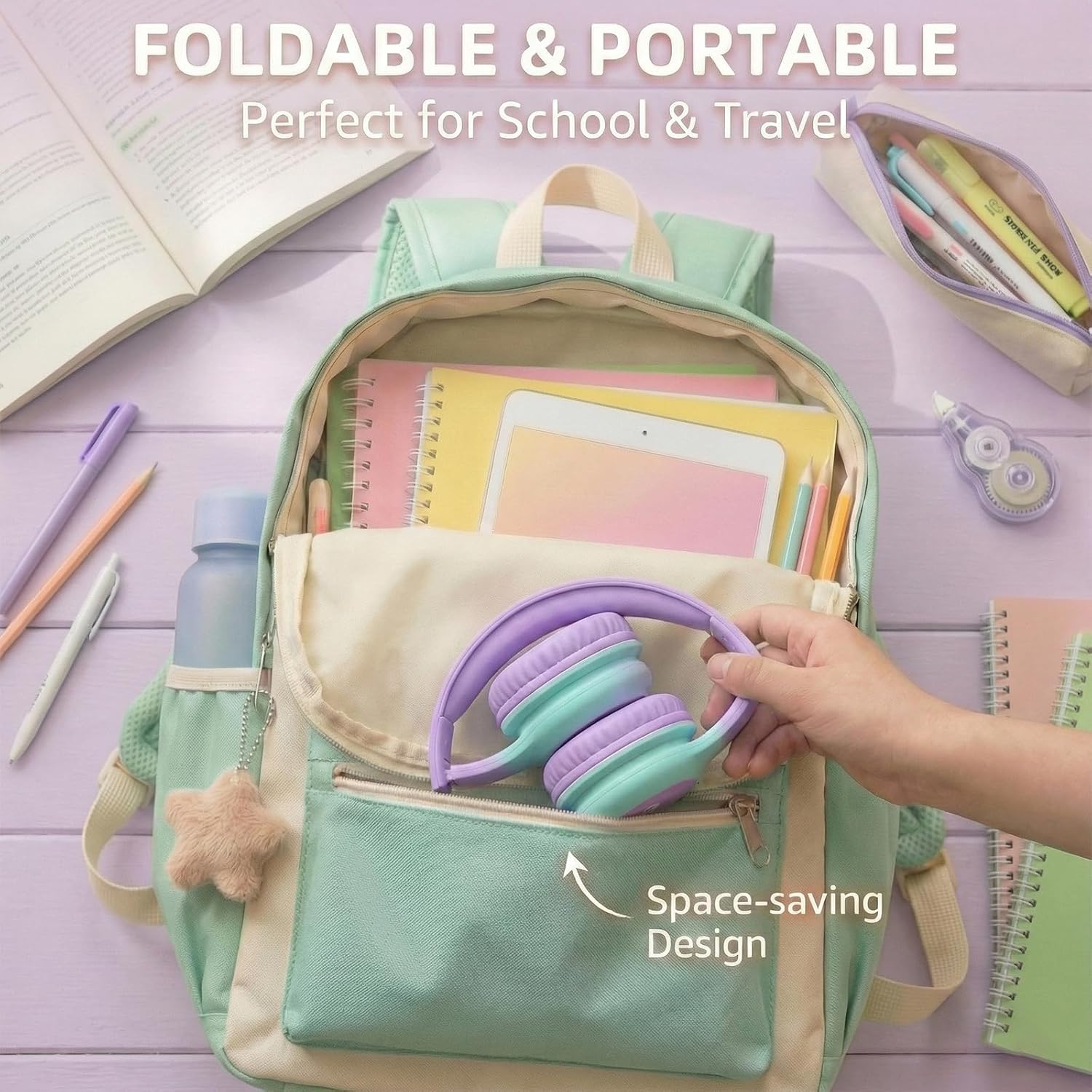 Wired Kids Headphones with USB C Plug, 85dB Safe Volume, Adjustable Headband, Tangle-Free Cord Headphones for School, Tablet, Travel (Lavender & Mint Green, Without Microphone) - Image 7