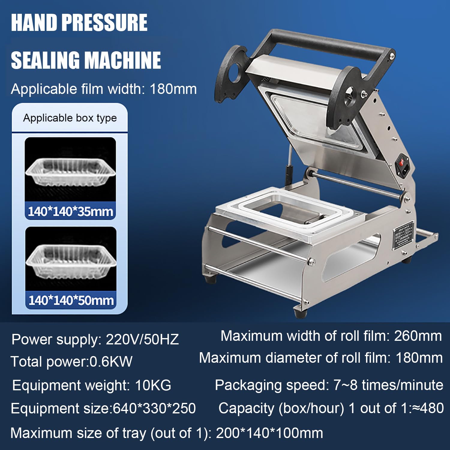 Máquina selladora de alimentos, sellador térmico comercial de 600 W con ajuste de temperatura, 7-8 veces/minuto, para restaurantes, mariscos y barbacoas, ancho de película 180 mm