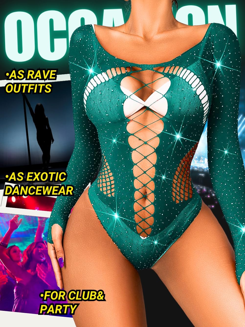 Kaei&Shi Rave Outfits For Women, Rhinestone Bodysuit Fits 0-16, Exotic Dancer Sexy Tops, Fishnet Stripper Plus Size Lingerie - Image 5