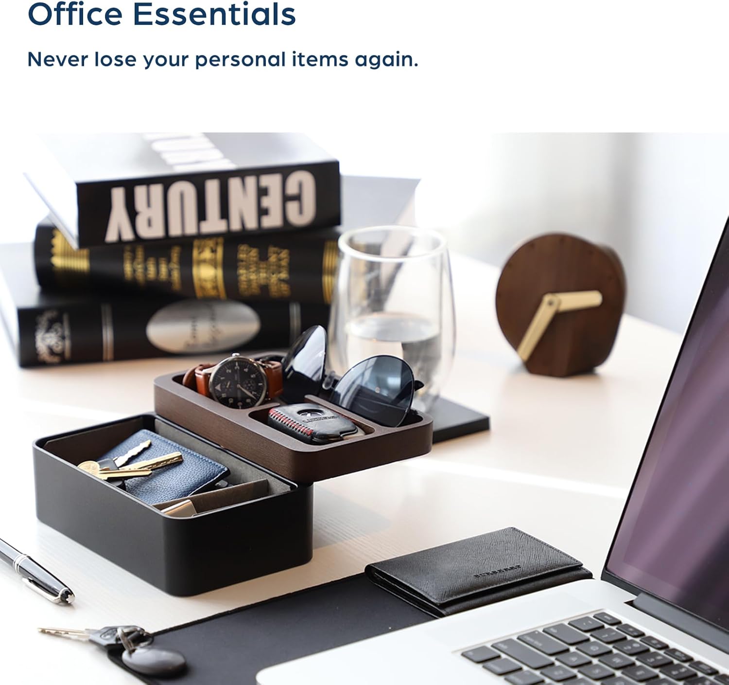 Revov Tray Box, EDC Valet Tray Box with Authentic Wood Magnetic Rotating Lid, Office Table, EDC Gear Organizer, Home Office, Desk Accessories (White)