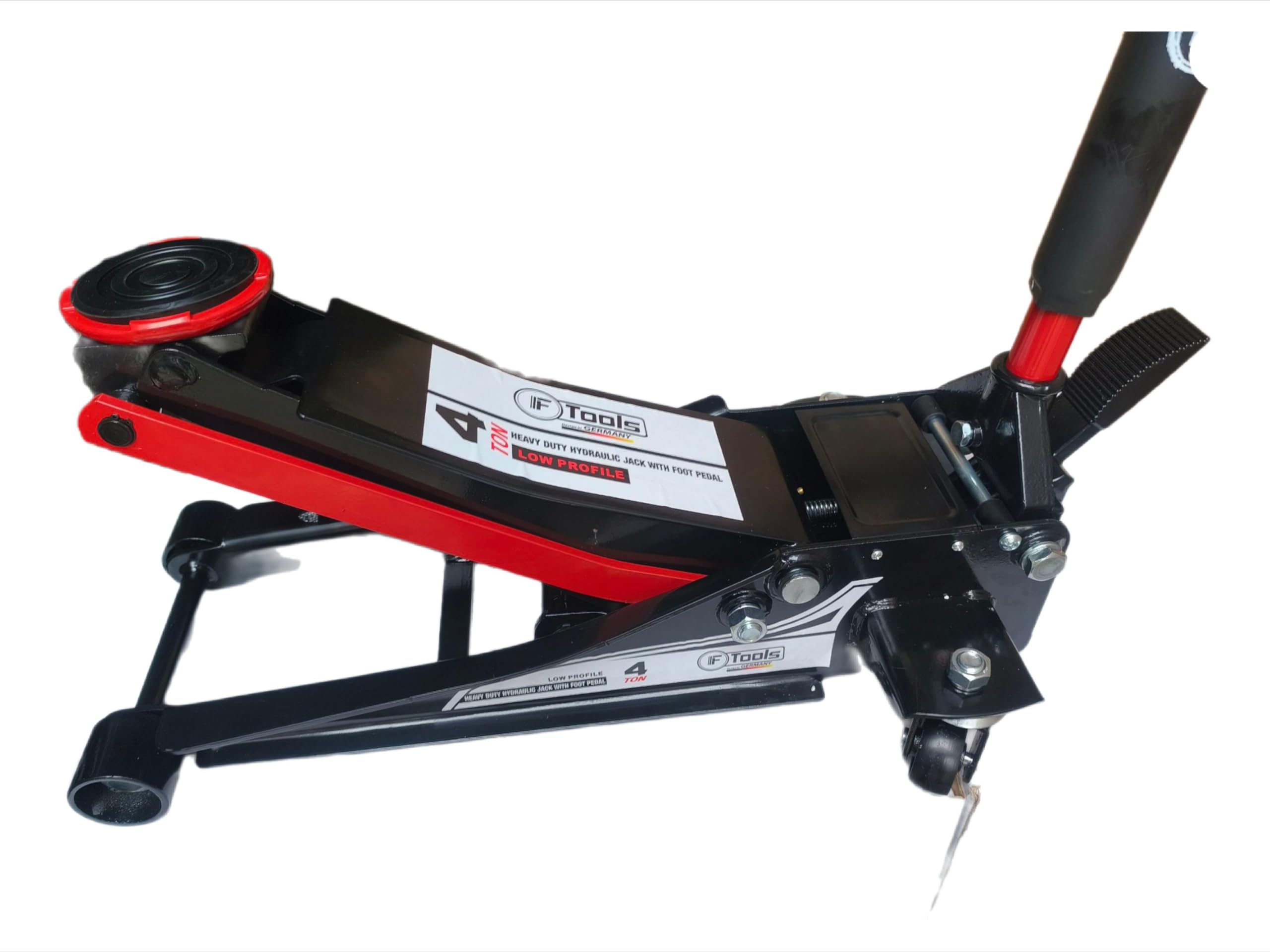 Cric hydraulique 4T à double piston avec pédale – Extra plat 75–500 mm – Levée rapide et roues à 360° – Auto, SUV et fourgon – Cric de manœuvre professionnel pour atelier