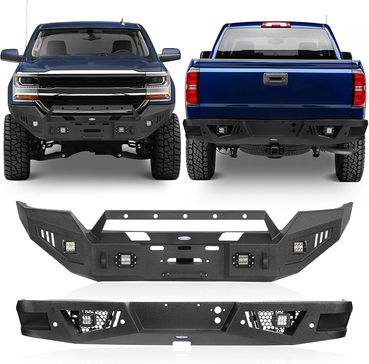 Hooke Road Silverado 1500 Front Bumper w/Winch Plate + Rear Step Bumper Kit w/LED