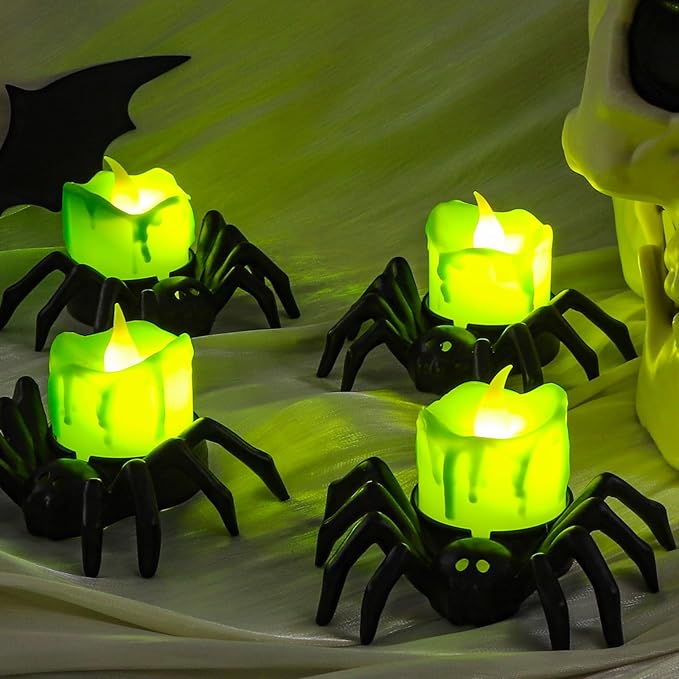 Vellibring 6 PCS Halloween Spider Tea Lights Decoration, Halloween Flameless LED Candle Holder Lights Battery Operated for Halloween Party Table Home Spooky Decor (Green) photo 5