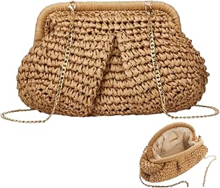 Women Straw Clutch Crossbody Raffia Clutch Purse Straw Beach Shoulder Handbag Woven Dumpling Pouch Bag Crochet Bags for Party Wedding Summer Beach Khaki