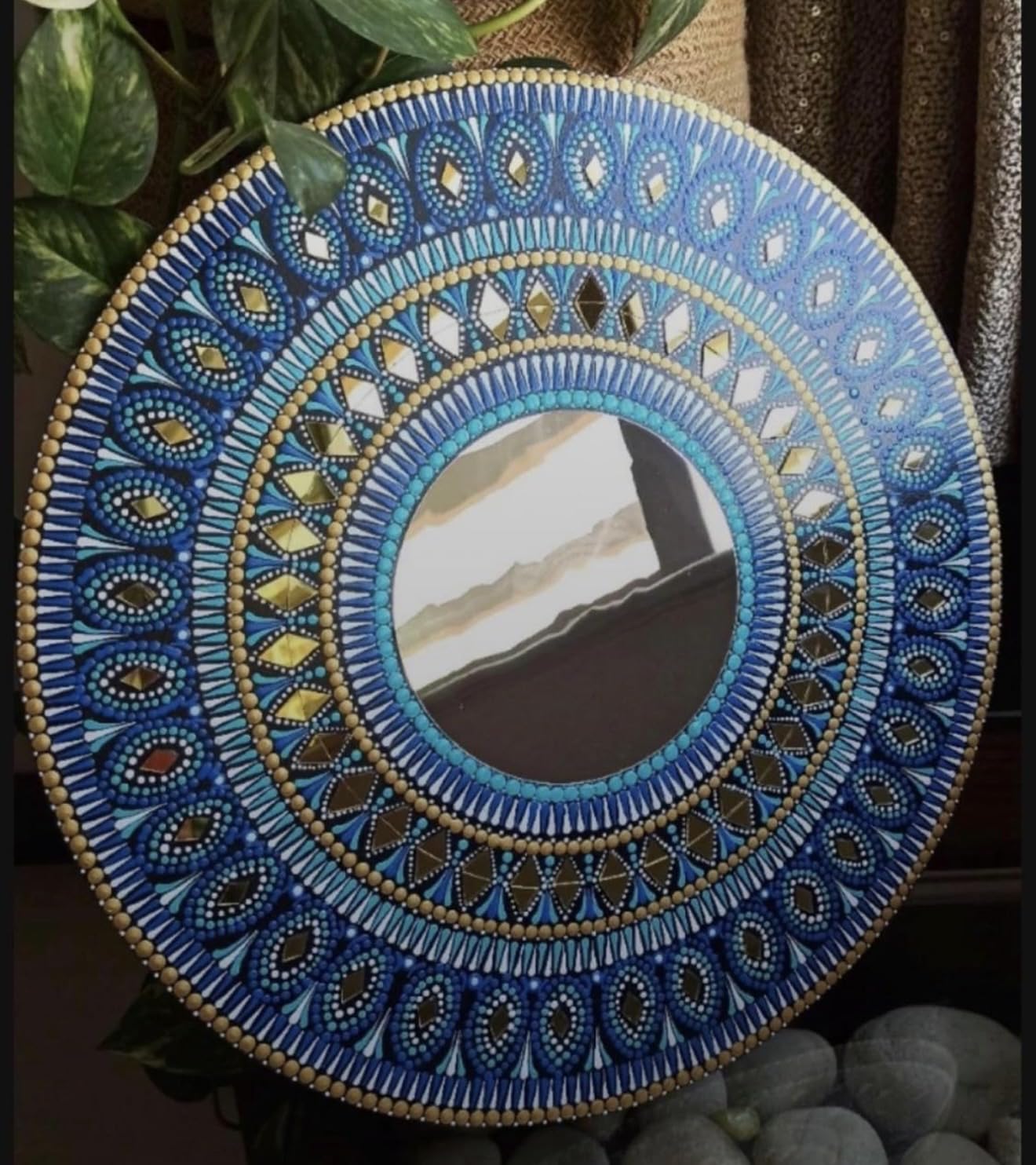 Unique Wants Handmade Dot Mandala Round Wall Mirror, Blue White Gold Floral Design, 16 Inch, Decorative Home Decor-picture-31