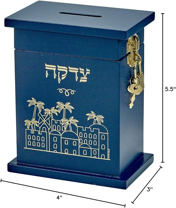 Rite Lite Blue Enameled Wood Tzedakah Box - For Kids and Adults Alike Shabbat Enameled Blue Wood Charity Box 5.50 h