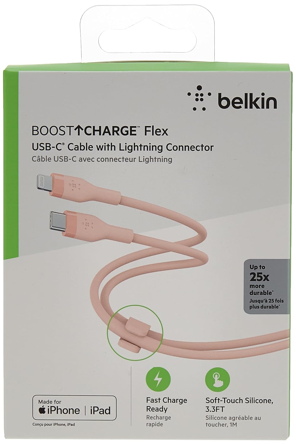 Belkin CAA009bt1MPK USB-C to Lightning Silicone Cable, Compatible with iPhone 14/13 / 12 / SE / 11 / XR, Rapid Charging, Heavy Duty, MFi Certified, PD Compatible, 3.3 ft (1 m), Pink