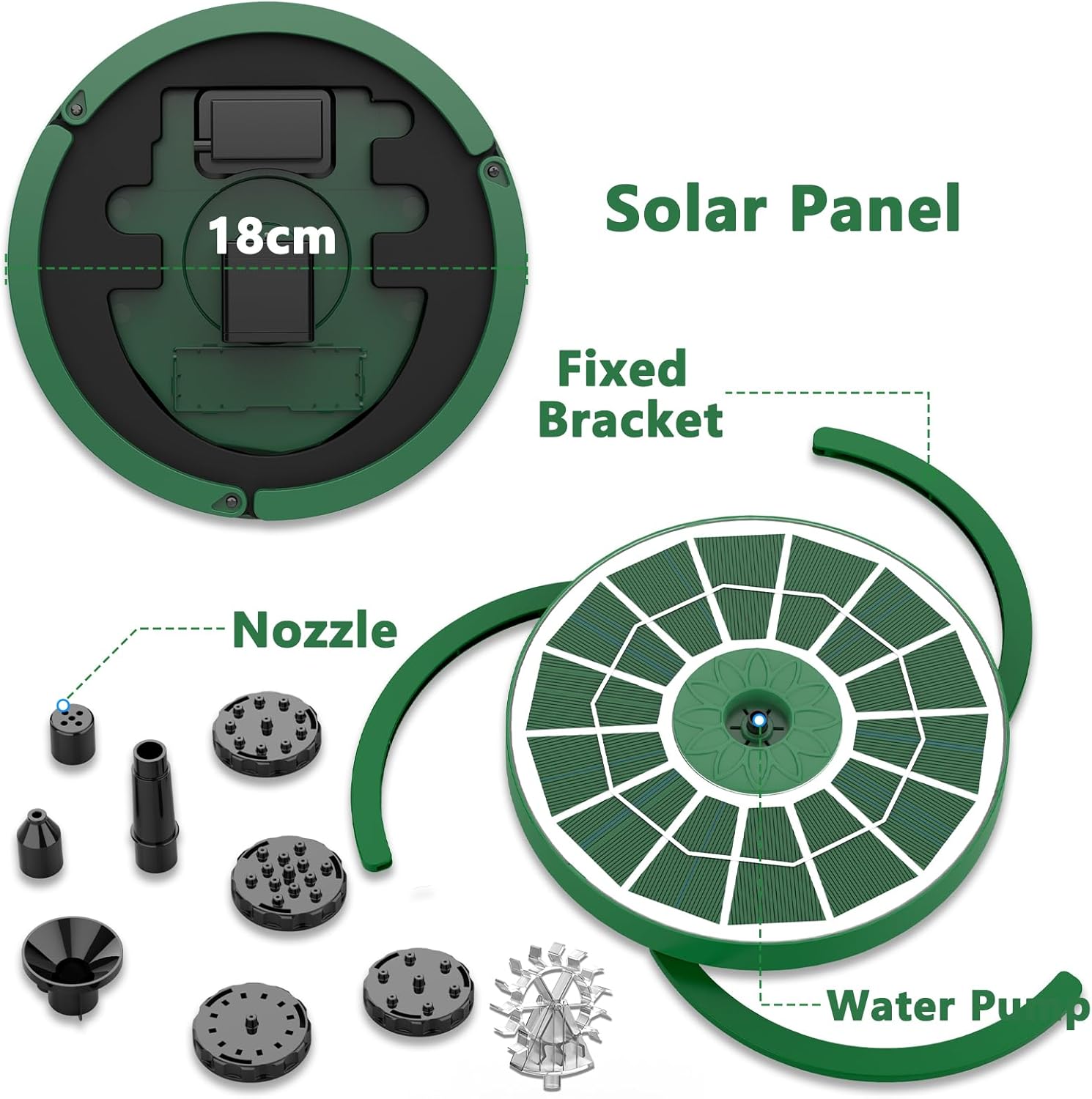 AISITIN 3.5W Solar Fountain for Bird Bath Upgraded 2026, Solar Powered Bird Bath Fountain with 3 Anti-Drift Bracket & Windmill 8 Nozzles & Glass Panel for Garden, Courtyard, Pond, Pool (Geeen)