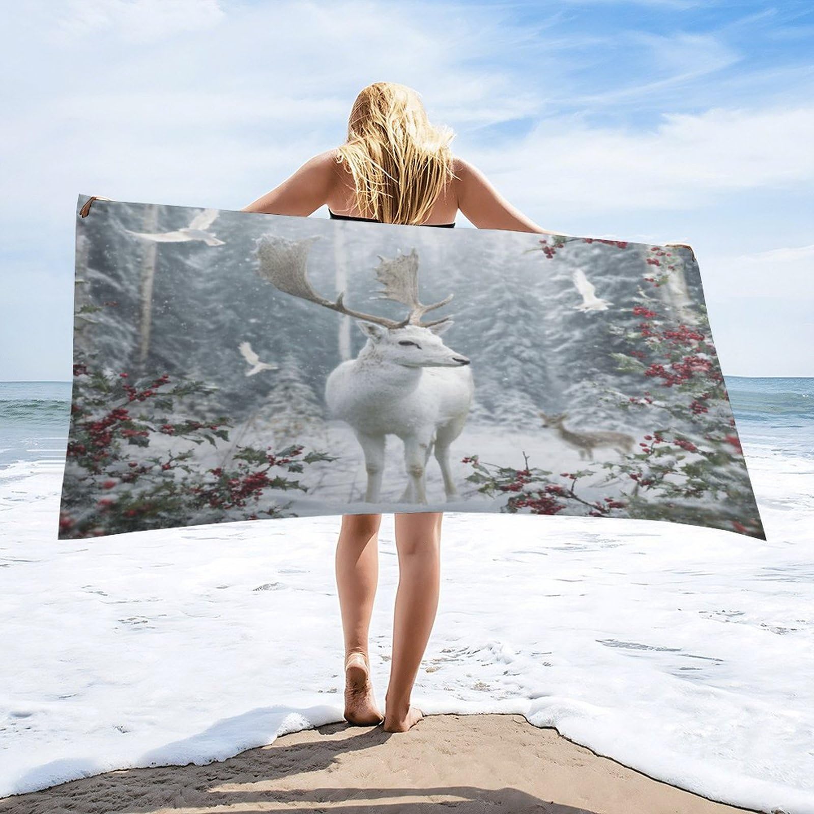LUYYSKY Classic Abstract Animal Deer Quick-Drying Beach Towel, Beautiful Rustic Christmas Winter Snow Landscape Wildlife Elk Bird Travel Vacation Single Sided Pile Bathroom Towels-80 W cm x 160" L cm