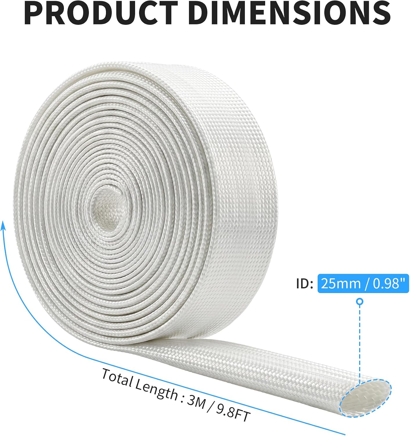 9.8Ft 25mm Heat Sleeve Fiberglass Wrap Shield Sleeve, Adjustable High Temp Fiberglass Sleeve Wire Fuel Line Heat Shield Roll for Electrical Devices Motors Auto Wires (3M White)