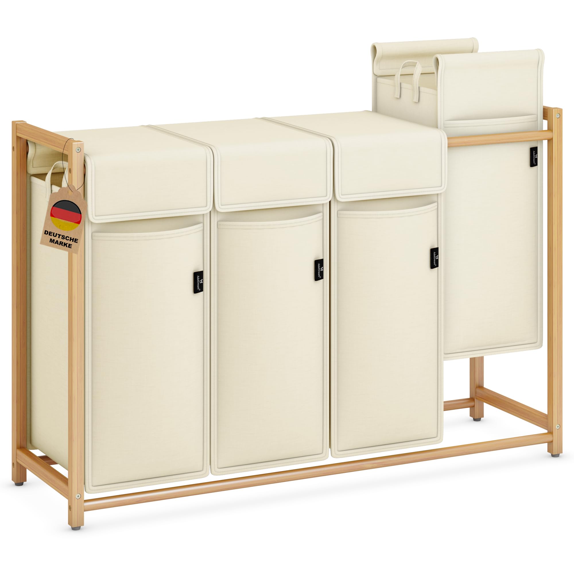 AdelDream Cesto de ropa clasificador de ropa con ruedas 4 compartimentos carro de lavandería con bolsas desmontables recolector de ropa bambú 200L color beige | Clasificador de ropa sucia 4 x 50L, bolsa extraíble, transpirable, beige