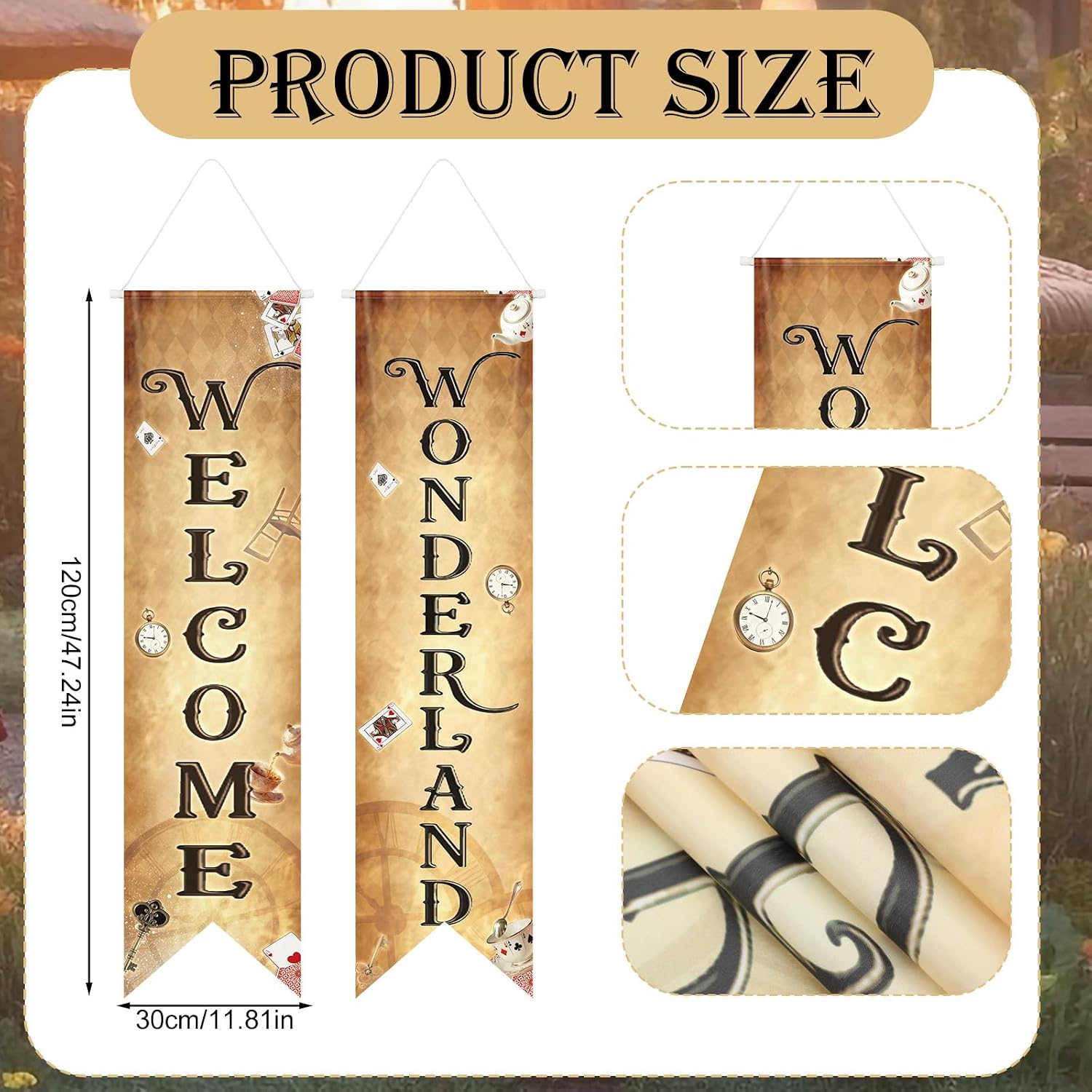 2 Pcs Wonderland Party Decorations Welcome Wonderland Banner Porch Signs Vintage Fairy Door Sign Wall Decor 47 x 12 '' Tea Party Hanging Backdrop for House Door Birthday Photo Props