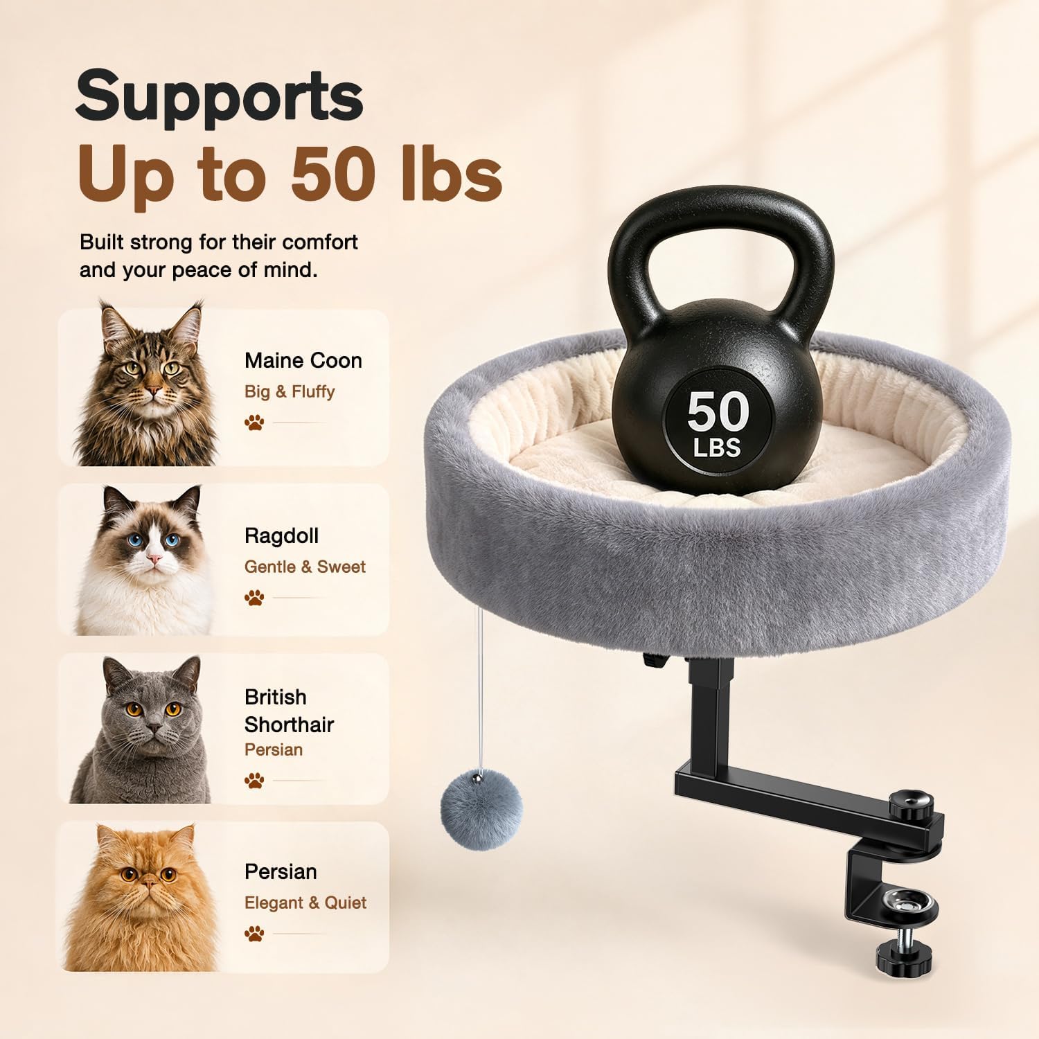 Chumajor Cat Desk Bed, 360° Rotating & Height Adjustable Cat Bed, 50 lbs image 4