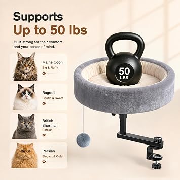 Chumajor Cat Desk Bed, 360 Rotating & Height Adjustable Cat Bed, 50 lbs