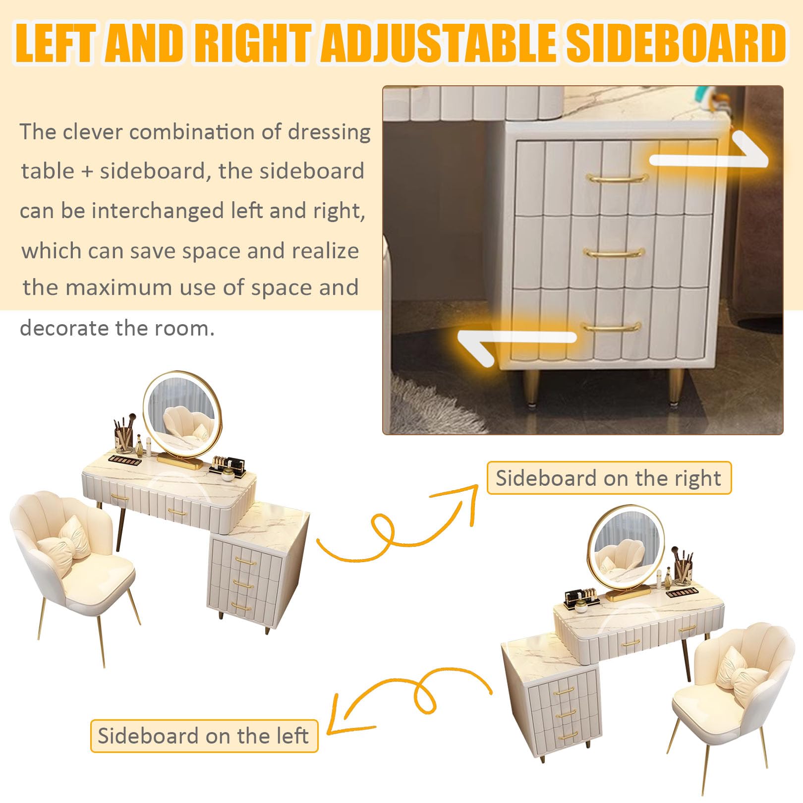 Mobile da trucco bianco con specchio, 5 cassetti, 3 modalità di illuminazione, 100 cm, elegante mobile per camera da letto per gli amanti del trucco, design salvaspazio, elegante tavolo da toeletta