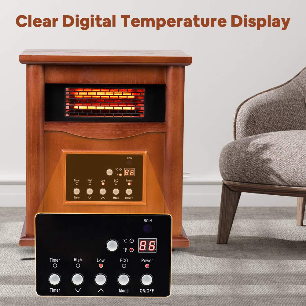 Electric Infrared Quartz Heater Deluxe Wood Cabinet with LED Digital Screen, Remote Control and Timer, Tip-Over & Overheat Protection, Quiet Space Heater for Indoor Use