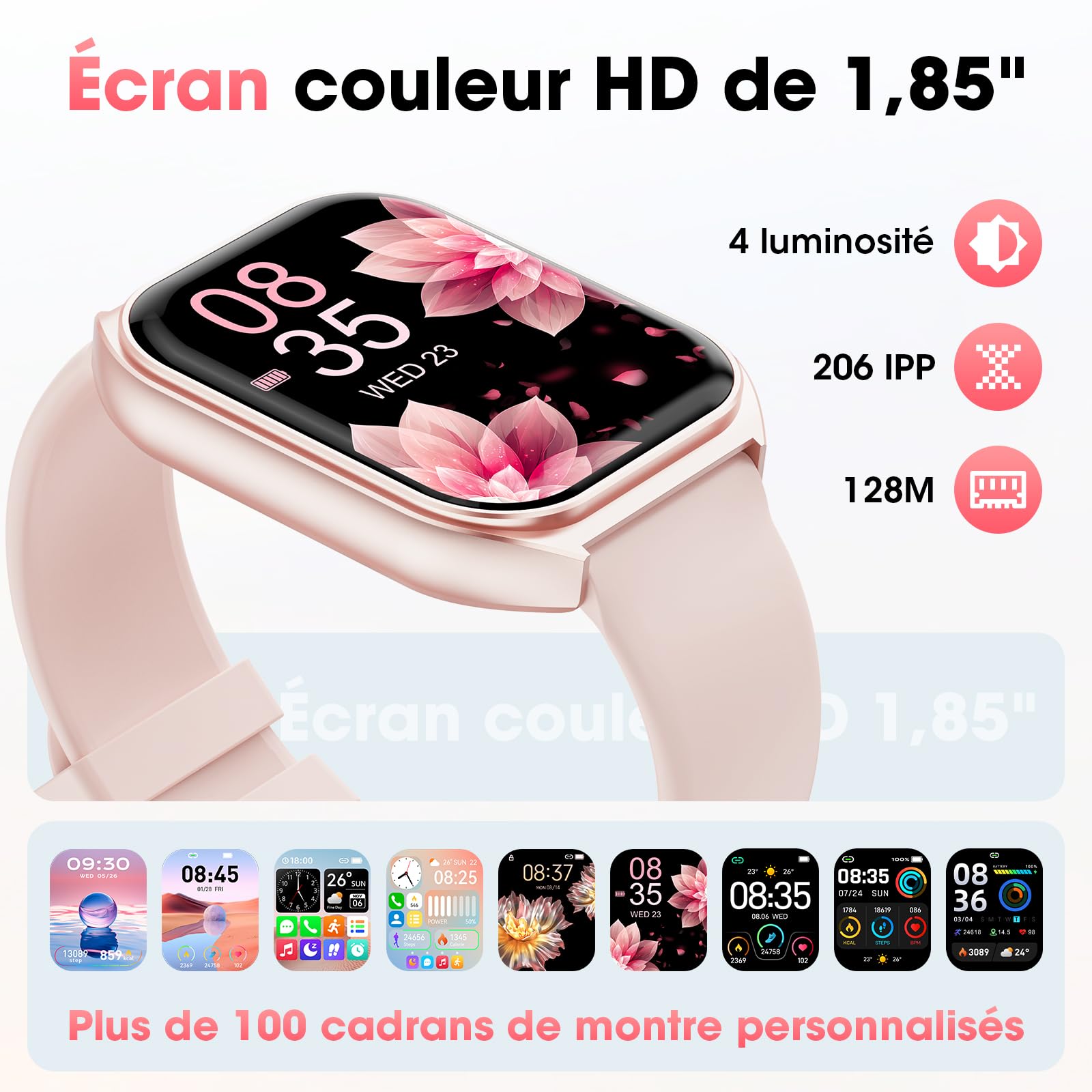 Montre Connectée 1.85" HD Homme Femme - Appels Bluetooth, 100+ Sports, Cardio, Sommeil, IP68 - Rose
