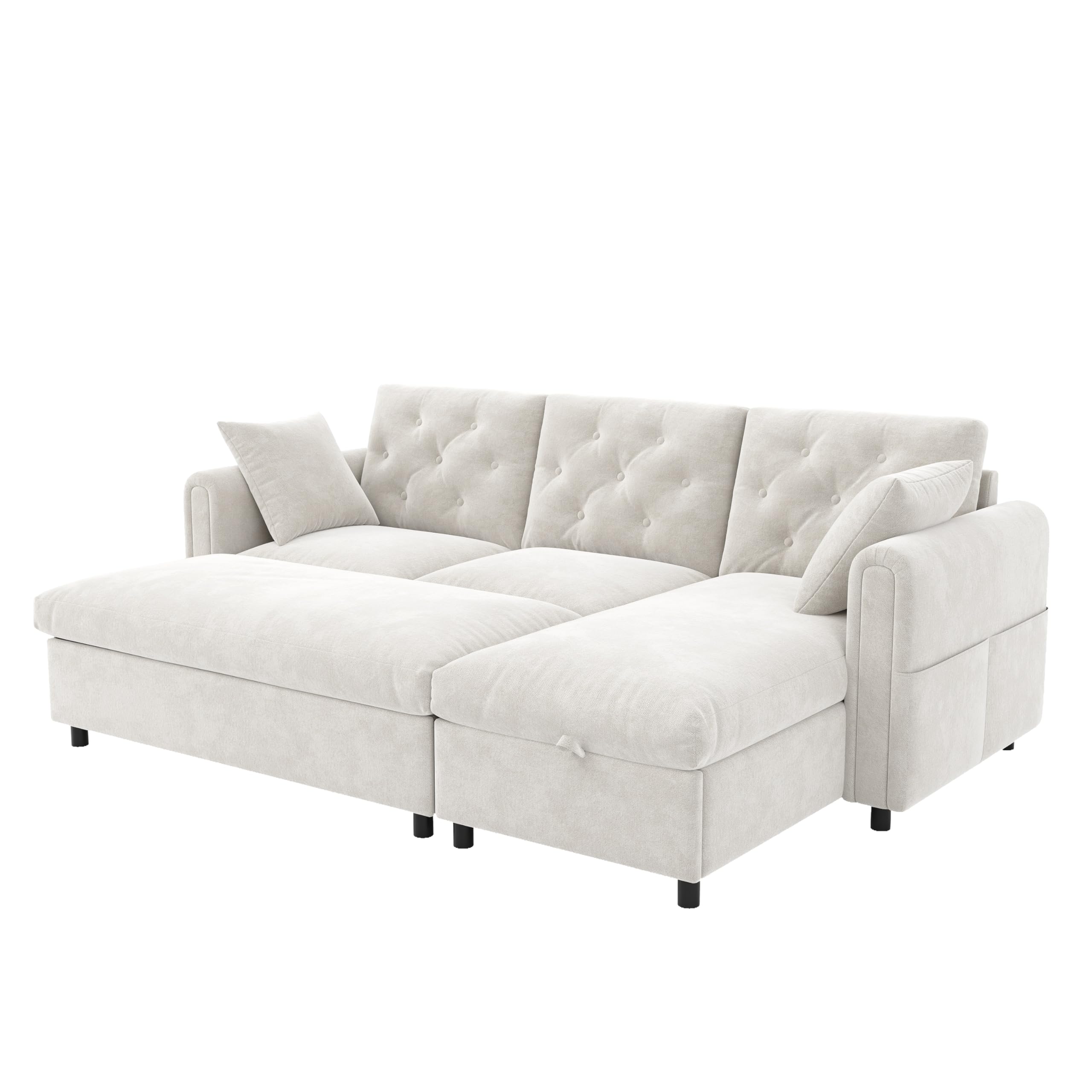 Moimhear Sofá de terciopelo con chaise longue intercambiable, color beige, 219 x 131 x 86 cm, reposapiés, bolsillos para revistas, cierre con botones