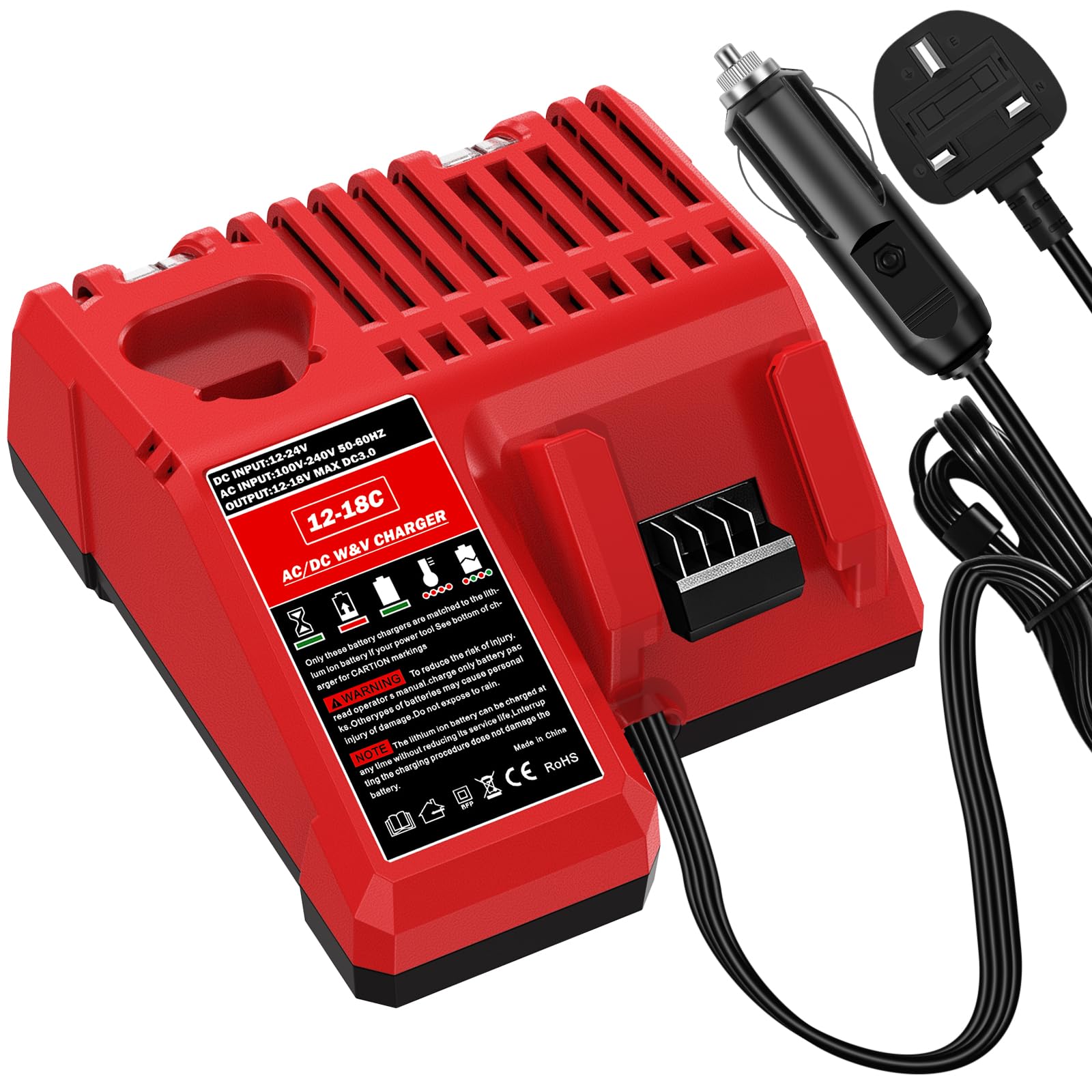 2-in-1 Charger Compatible with Milwaukee 18V and 12V Multi Voltage Lithium Ion Battery Chargers with AC & DC Cigarette Lighter Plug, Vehicle/Car Charger(No Battery)